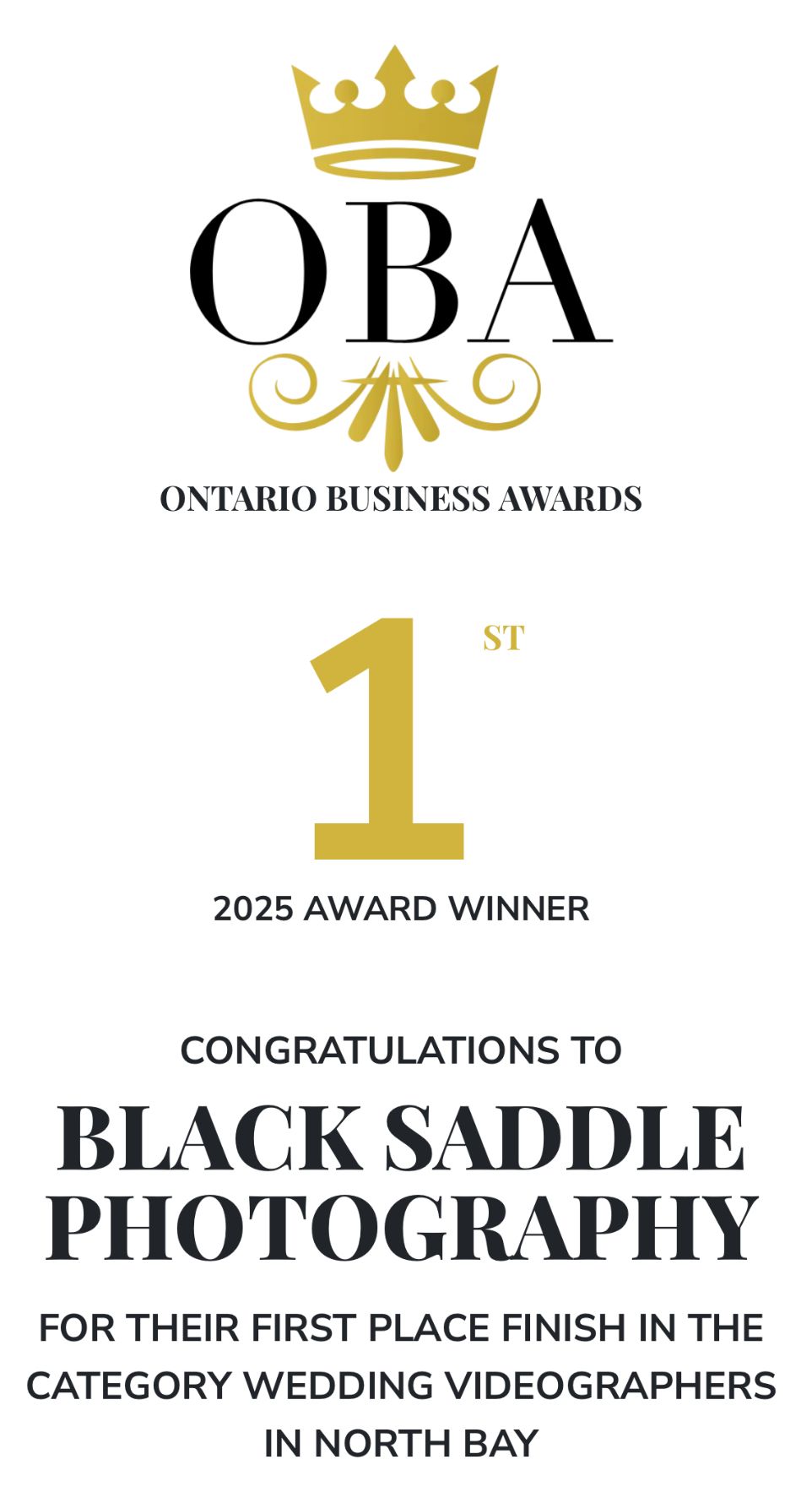 Gold crown and decorative elements frame award text for Black Saddle Photography's first place win at Ontario Business Awards.