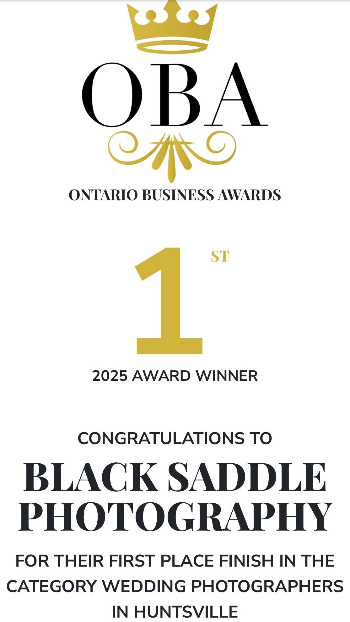 Gold crown and decorative elements frame a business award announcement for Black Saddle Photography in Huntsville.