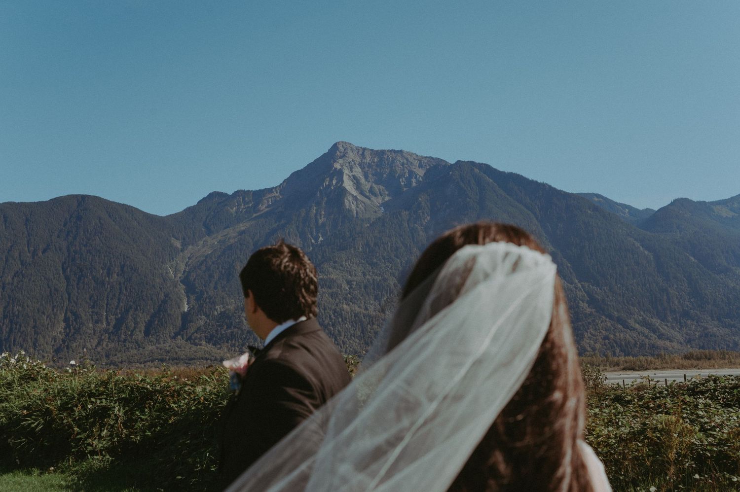 A couple looks out towards a majestic mountain range on a clear day, bride wearing a white veil.