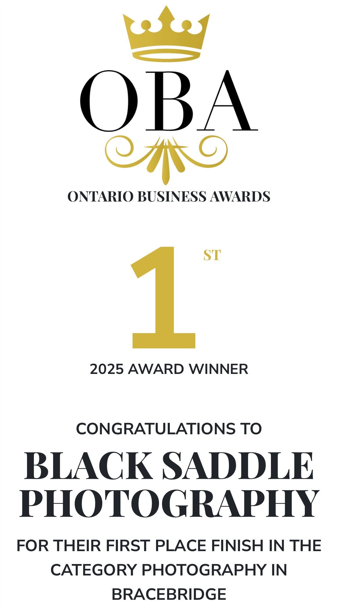 Gold and black award certificate design for Black Saddle Photography winning first place in Bracebridge Ontario Business Awards.
