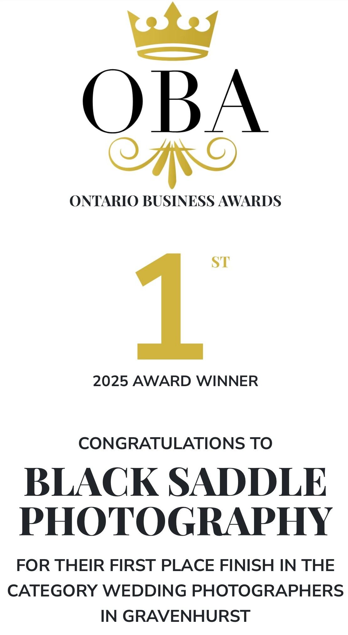 Gold crown and text design announcing Black Saddle Photography as 2025 Ontario Business Award winner for wedding photography.