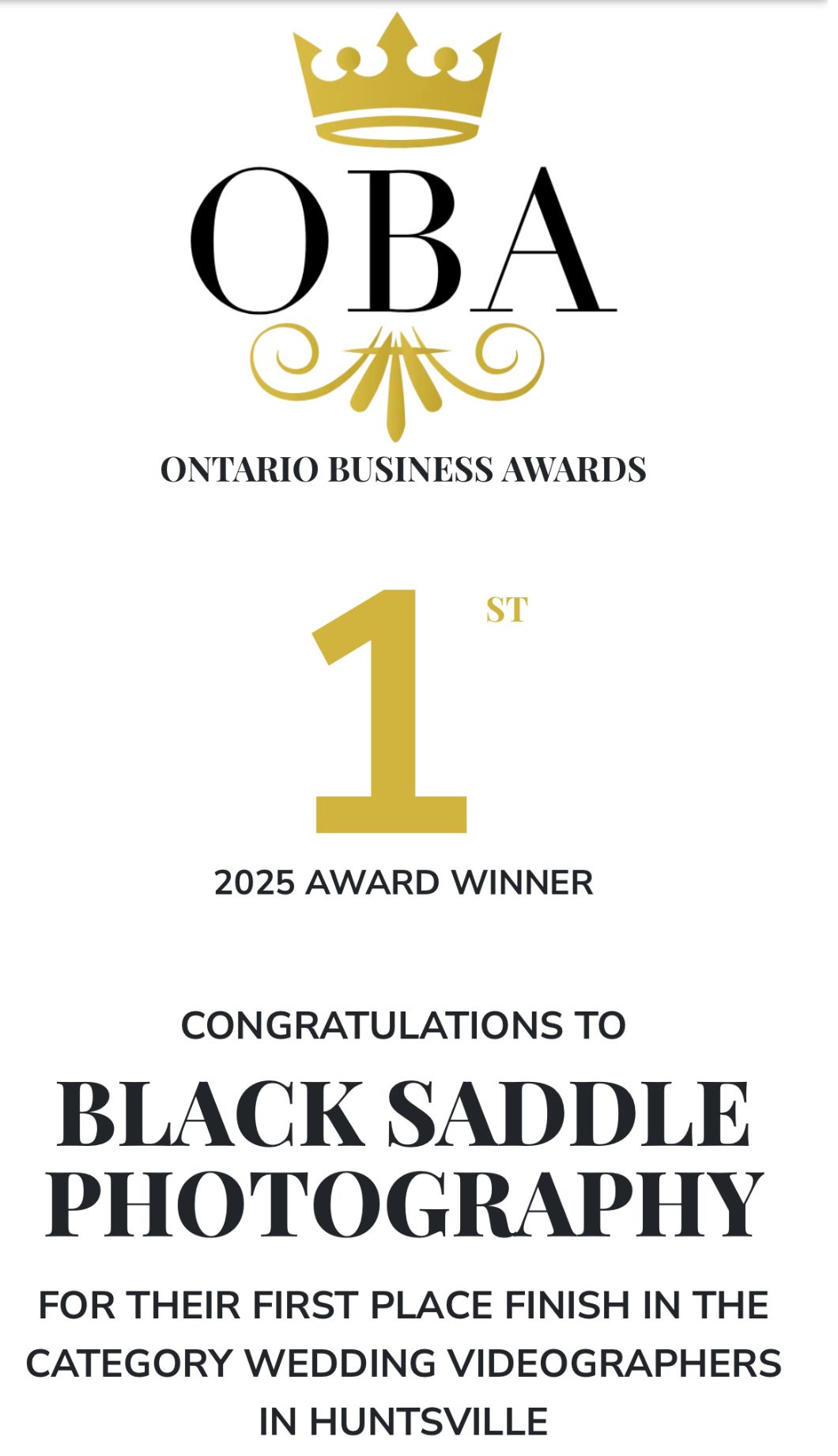 Gold and black award certificate design announcing Black Saddle Photography as first place winner in wedding videography category.