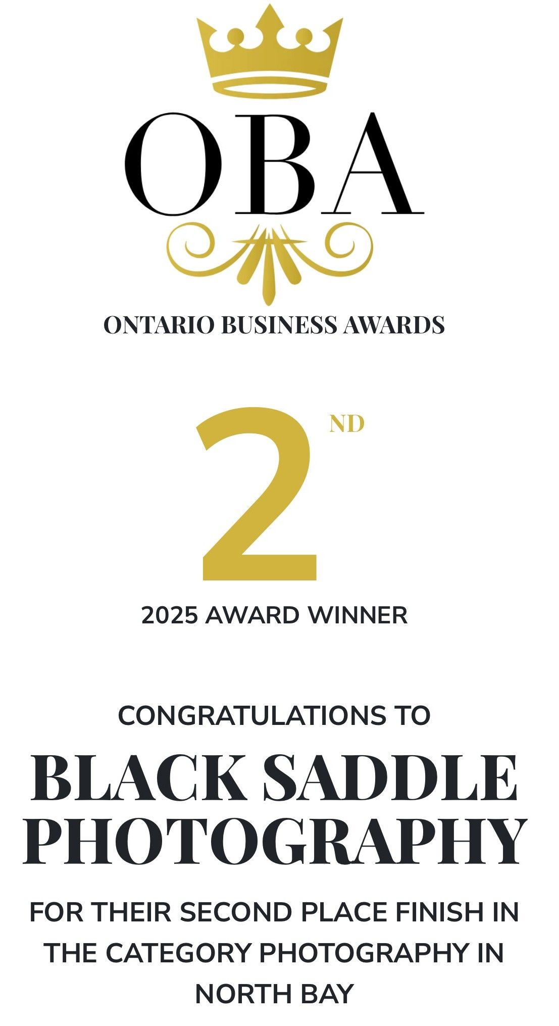 Ontario Business Awards 2025 second place certificate for Black Saddle Photography in North Bay photography category.
