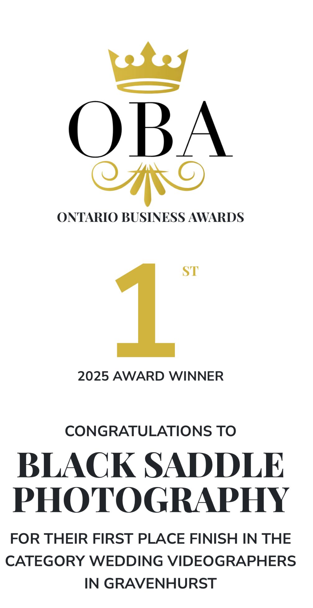 Award certificate design for Black Saddle Photography winning first place in wedding videography at Ontario Business Awards.