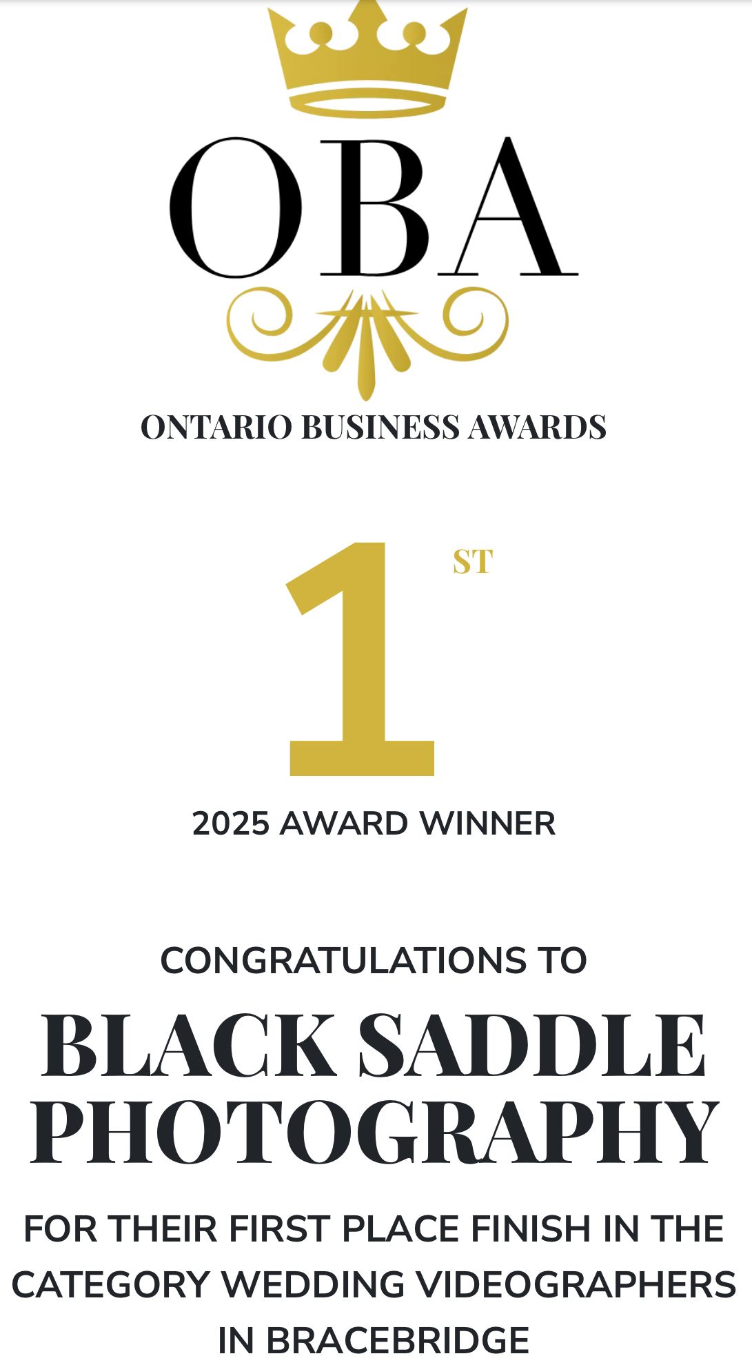 Gold and black award certificate design for Black Saddle Photography winning first place in wedding videography.