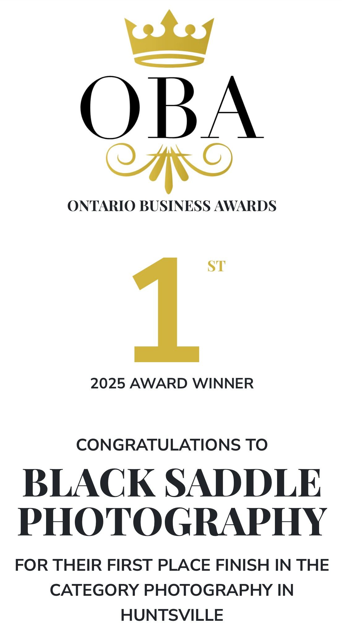 Gold and black award certificate design for Black Saddle Photography winning first place at Ontario Business Awards.