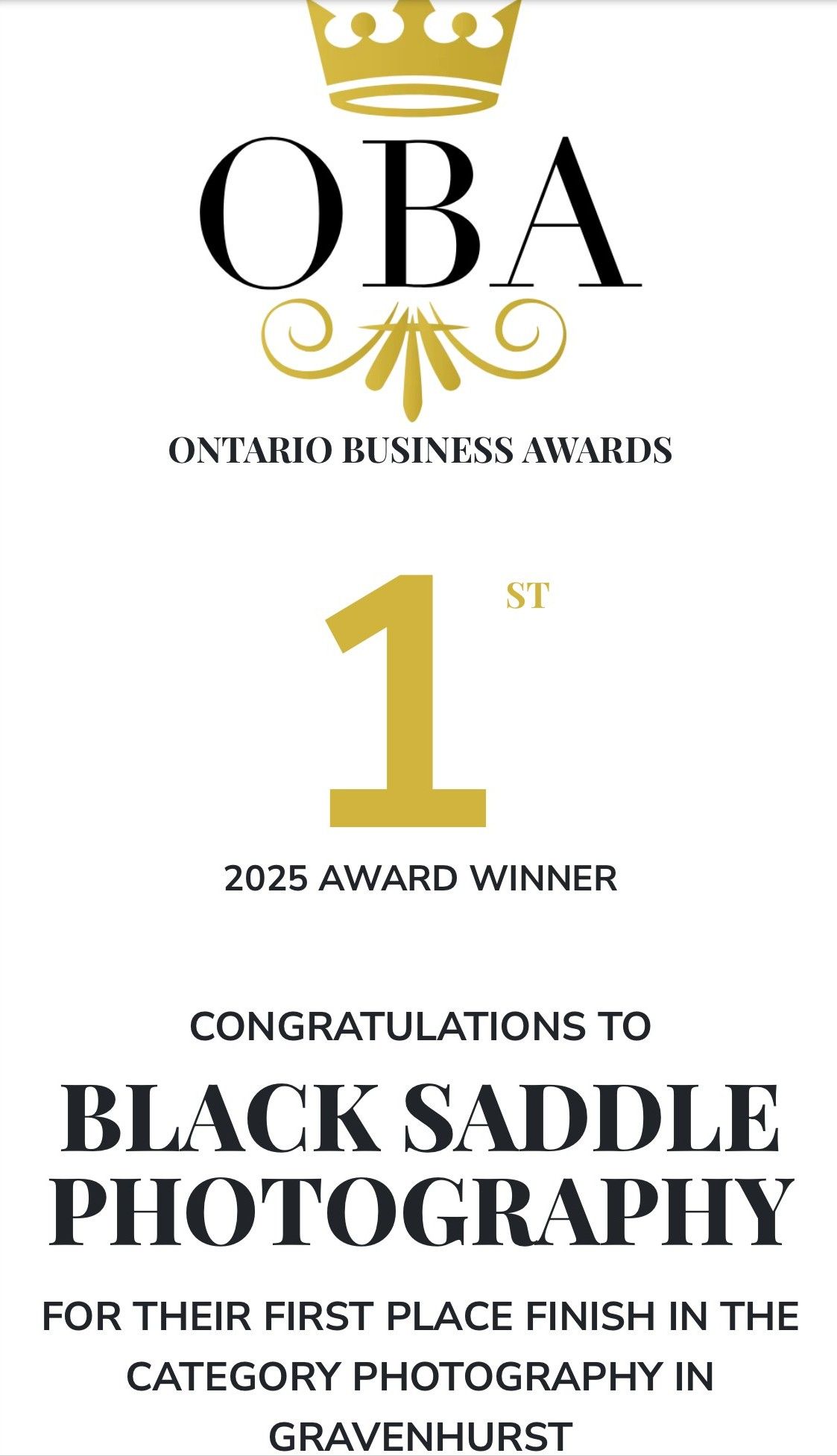 Ontario Business Awards first place certificate for Black Saddle Photography in Gravenhurst photography category for 2025.