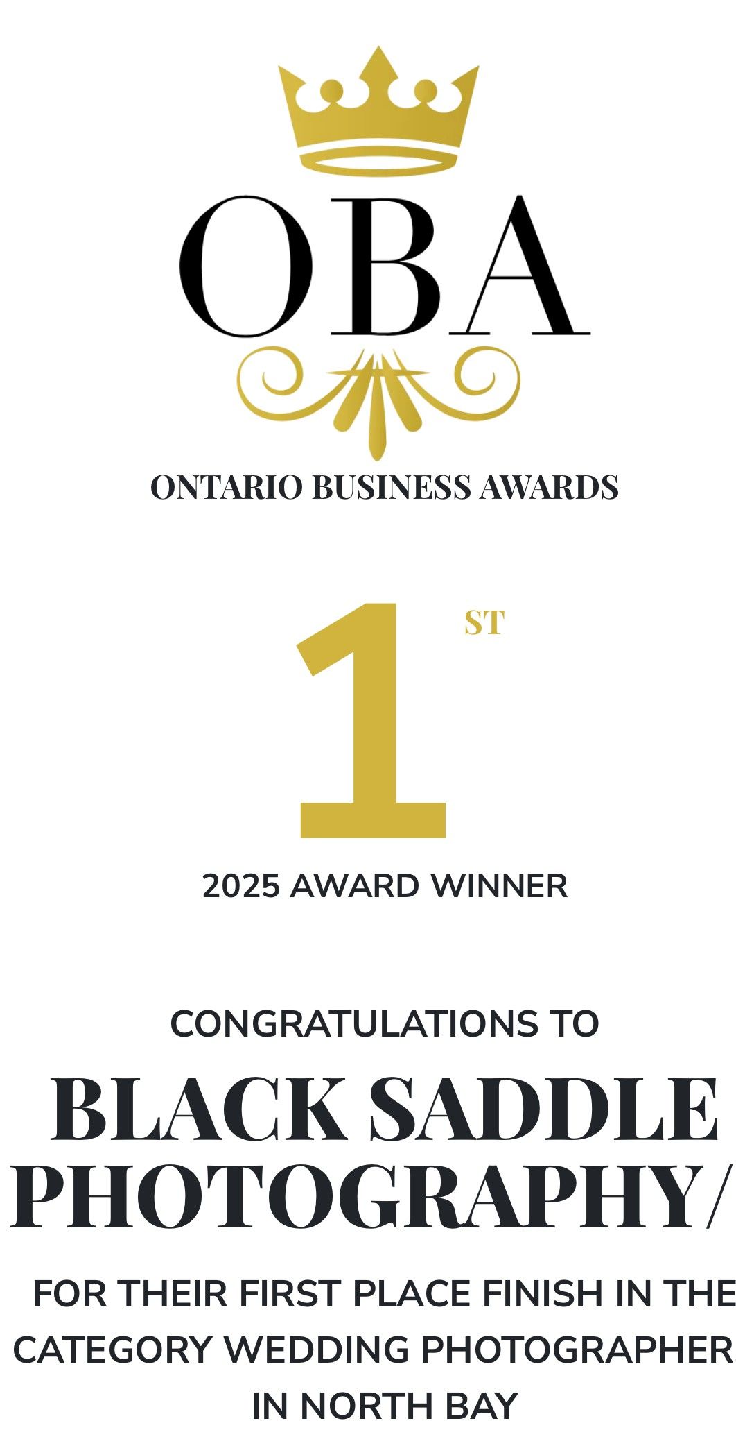 Award certificate for Black Saddle Photography winning first place in Wedding Photography category at Ontario Business Awards.