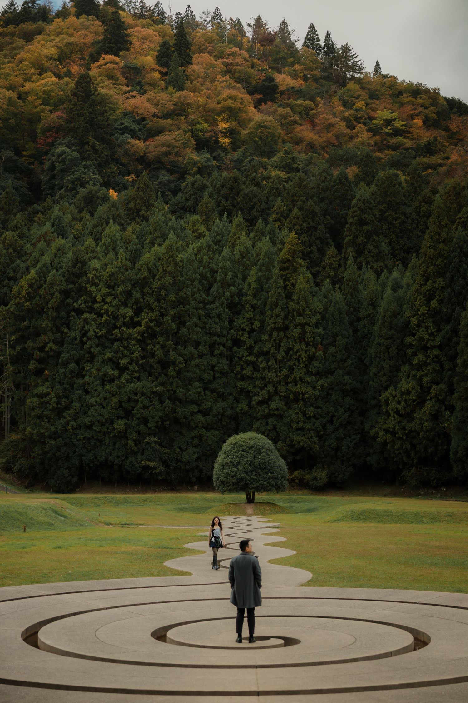 Person standing in a circular pattern on a path surrounded by autumn foliage and evergreen trees.
