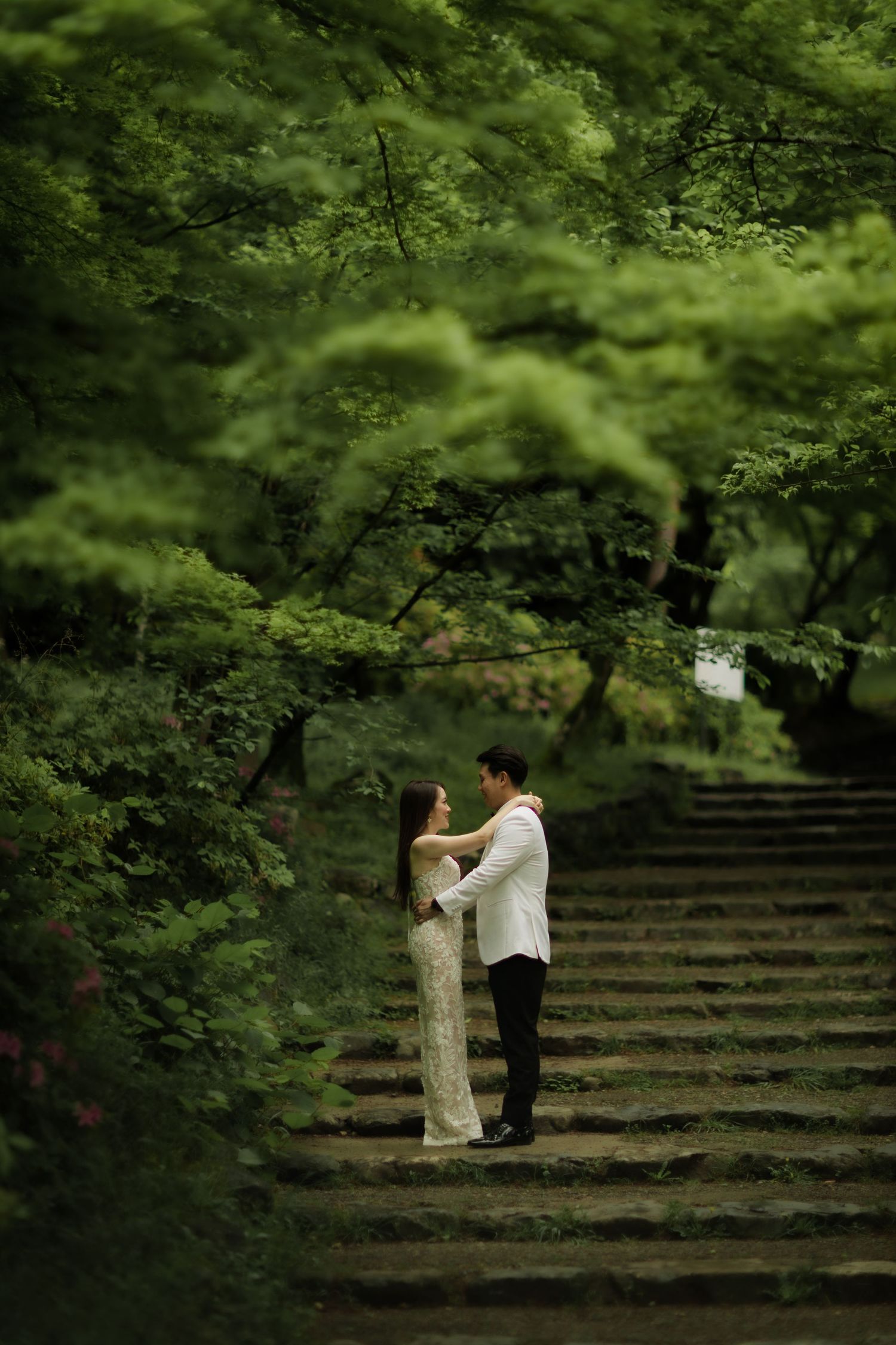 A couple stands romantically on stone steps surrounded by lush green foliage in a dreamy garden setting.