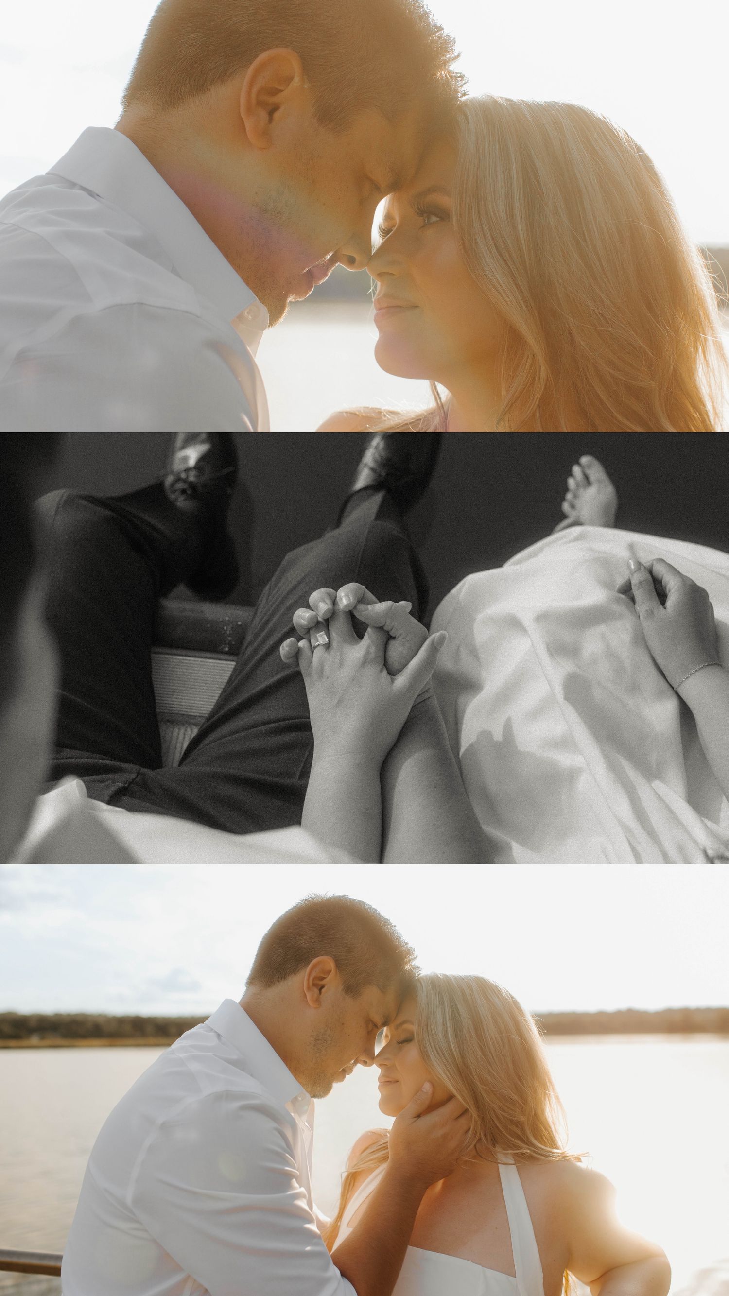 Romantic couple sharing an intimate moment, touching foreheads near water, with a black and white hand-holding detail shot.