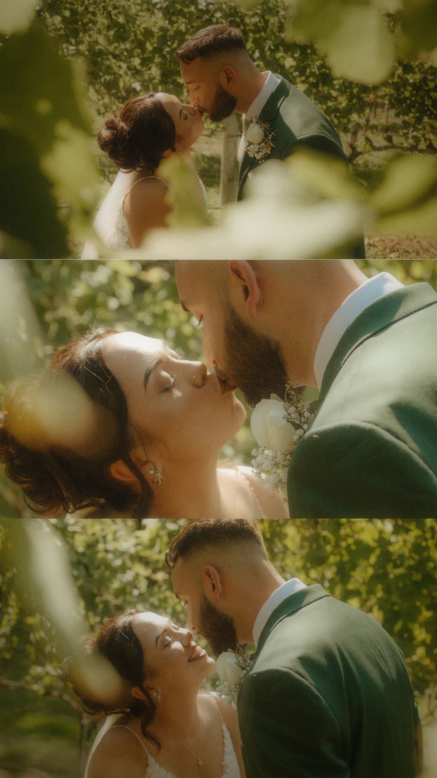 Bride and bearded groom share romantic kisses surrounded by lush green foliage in dreamy collage.