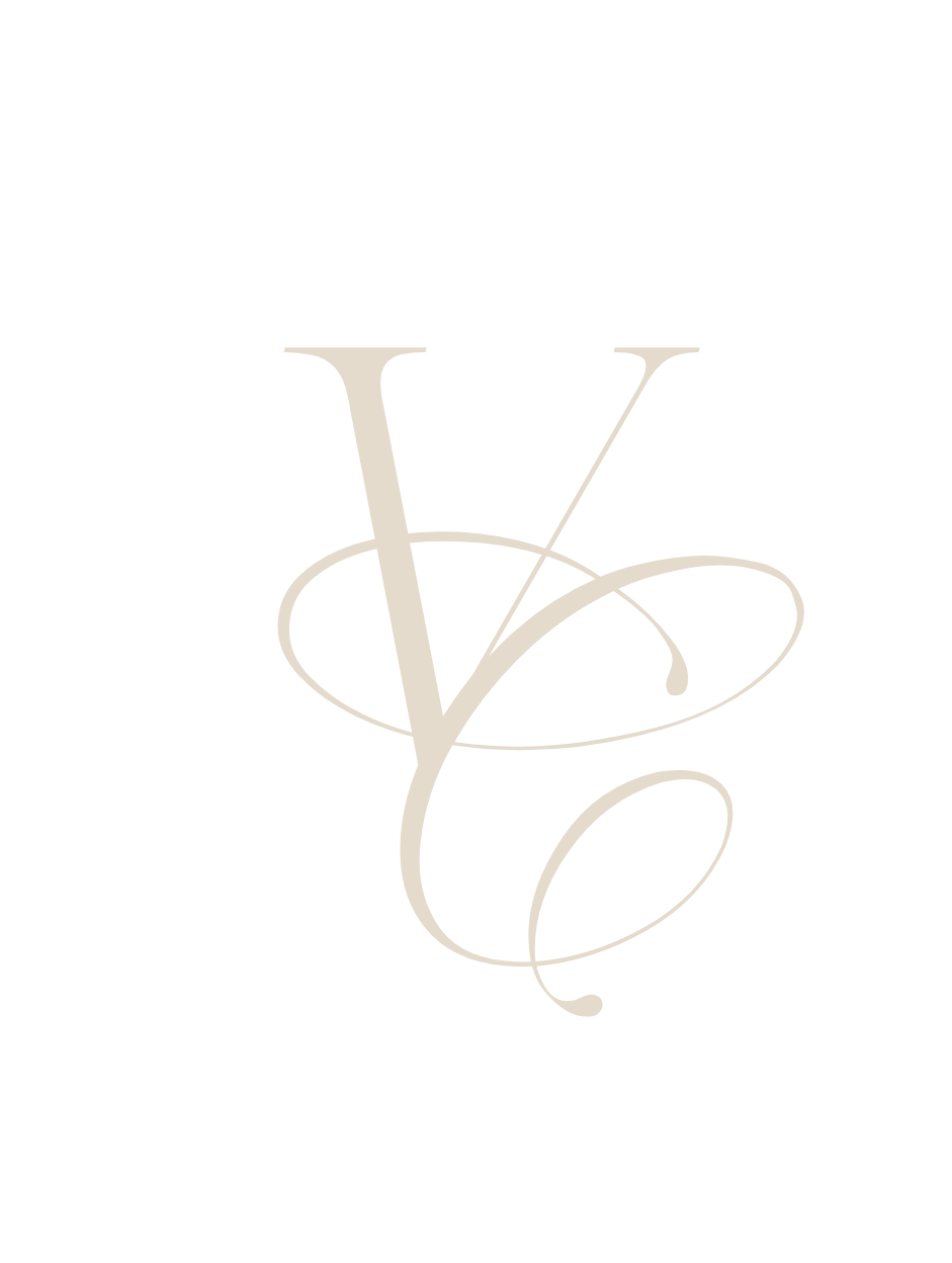 Elegant VC monogram logo in soft beige script lettering on white background.