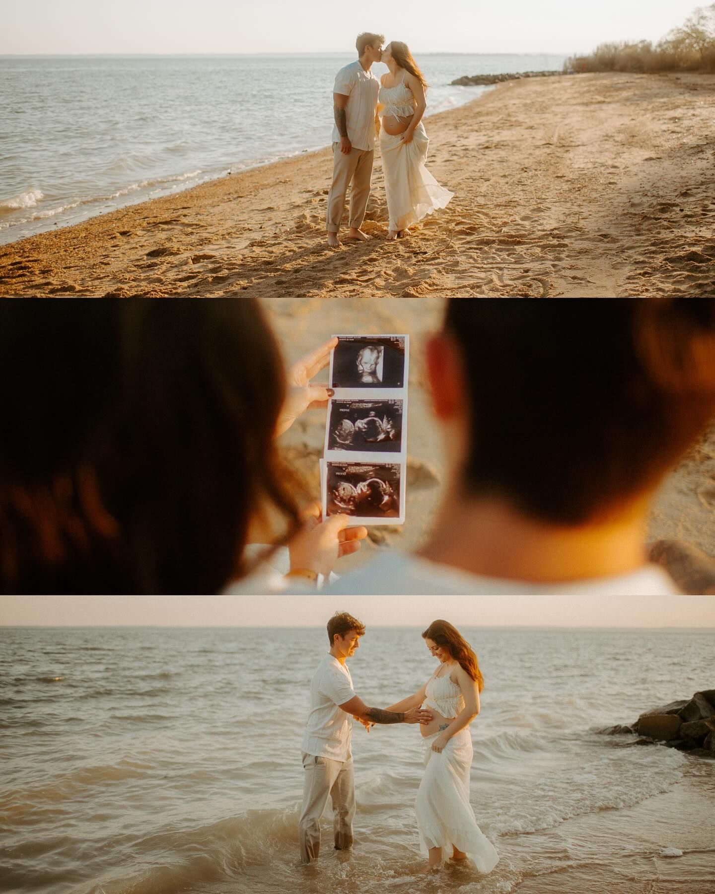 Couple shares tender maternity beach photoshoot holding ultrasound photos by the ocean at golden hour.