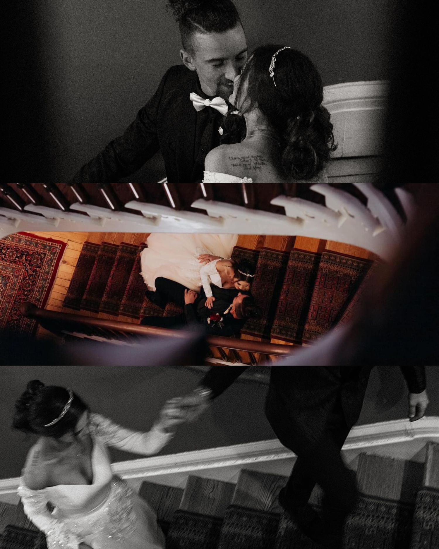 Collage of wedding couple kissing, dancing, and embracing in black and white and color photos.