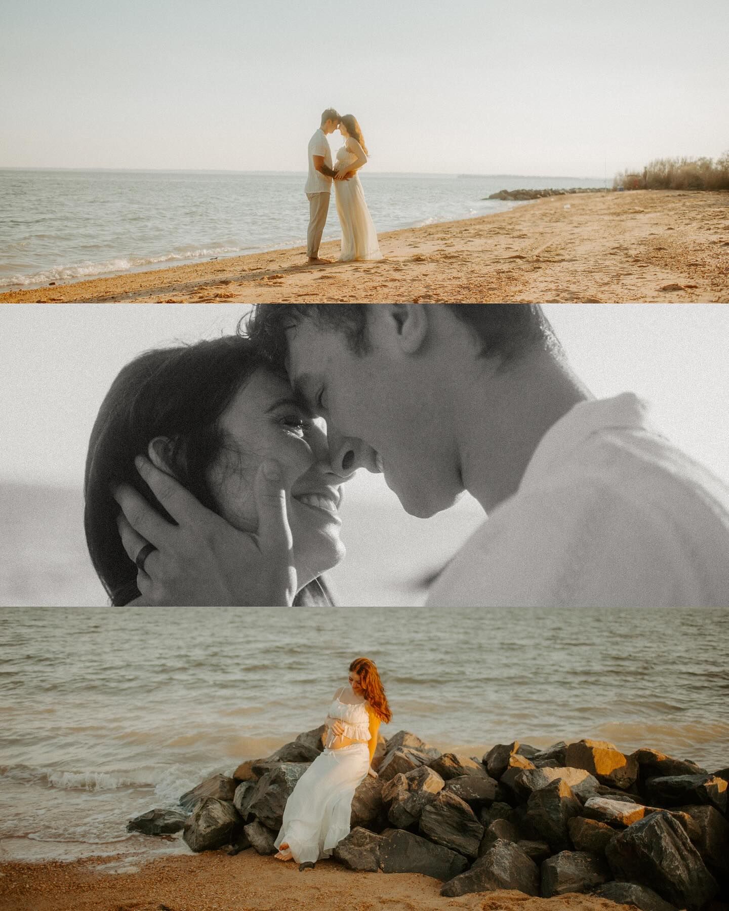 Three-panel collage of a maternity beach session featuring couples embracing and a woman on rocks.
