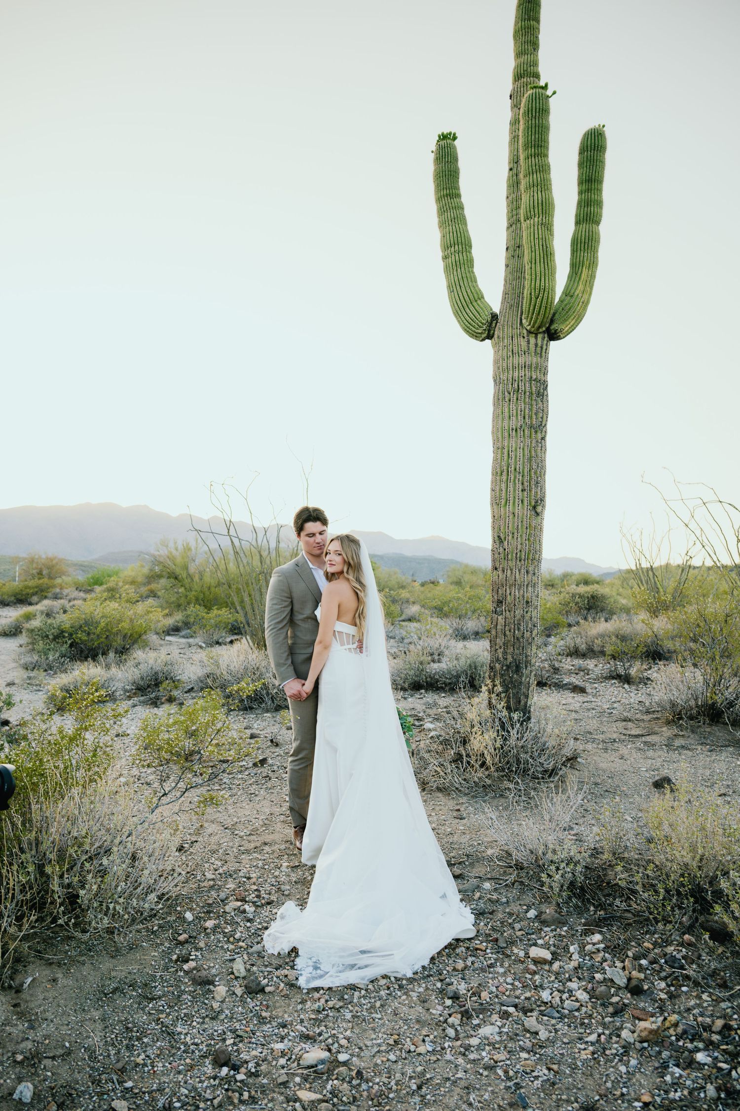 A romantic desert wedding photo features a couple standing together near a tall saguaro cactus at dusk.