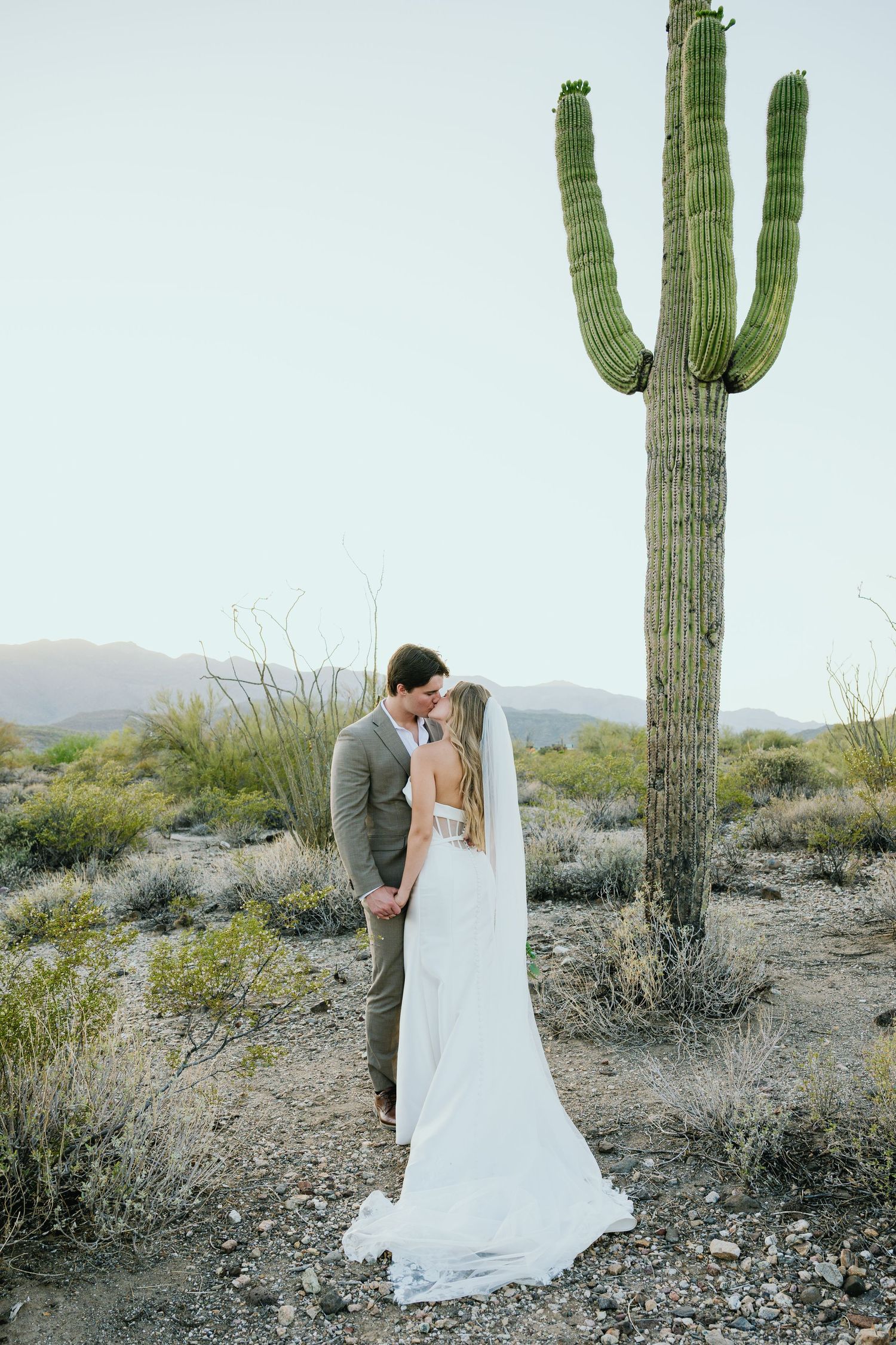 Romantic desert wedding photo with towering saguaro cactus and mountain views in the background.