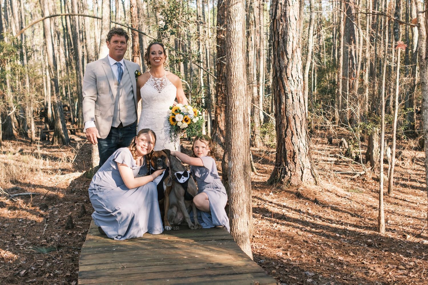 Wedding party with bride, groom, two bridesmaids, and a dog pose on wooden path in pine forest.