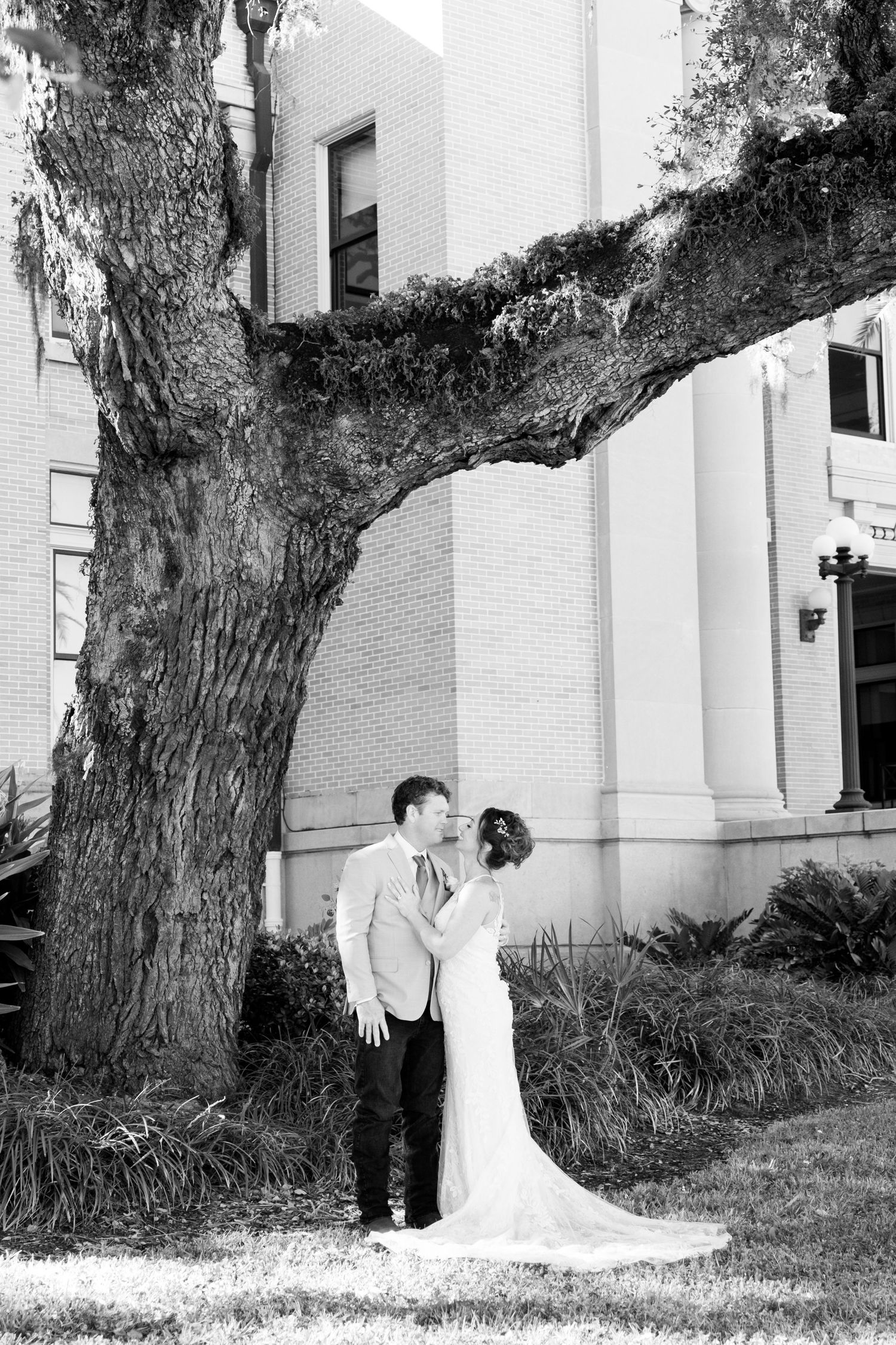 Black and white photo of bride and groom sharing a tender moment under a sprawling oak tree.