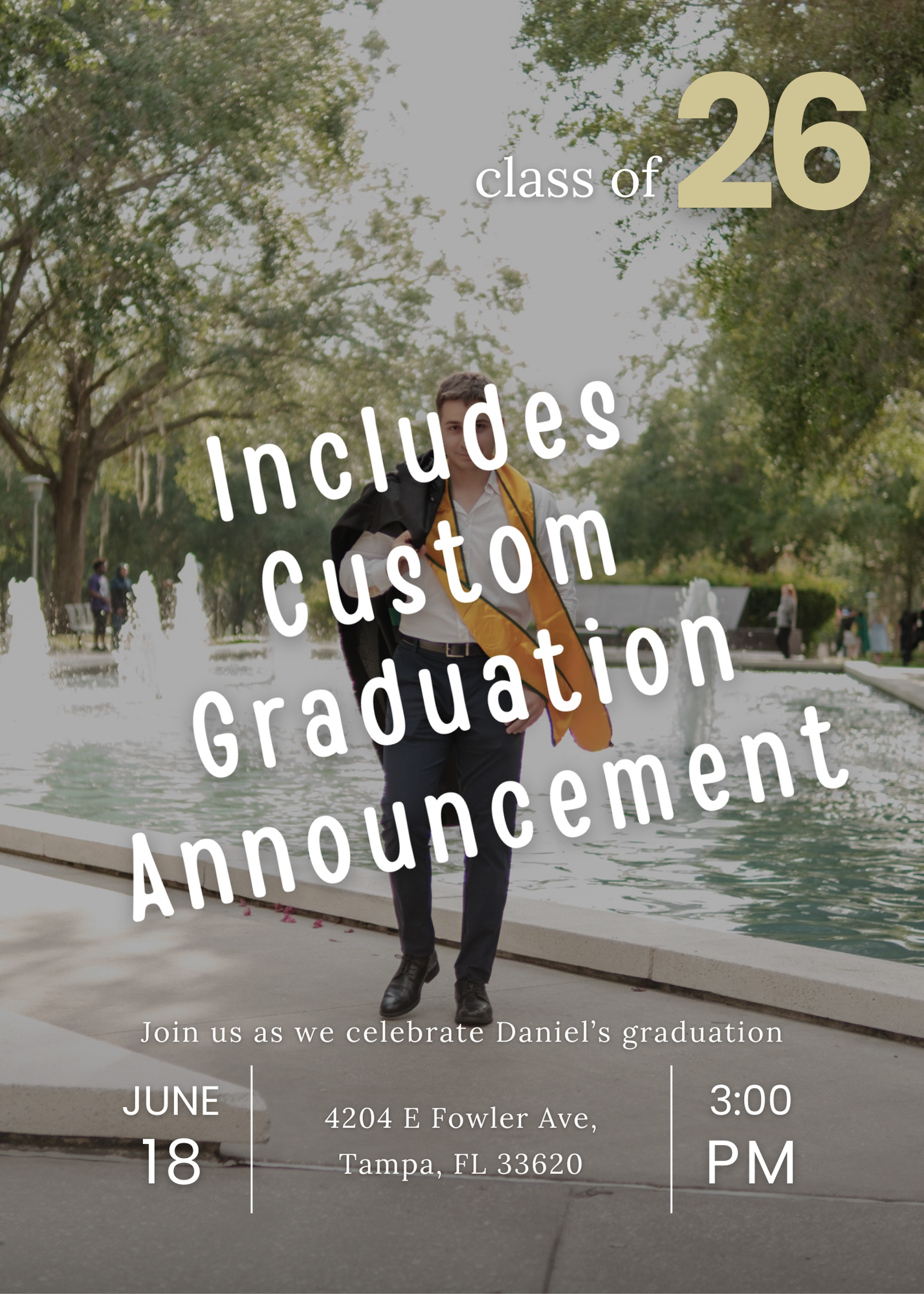 A graduation announcement banner with event details overlaid on a blurred outdoor background with trees and walkway.