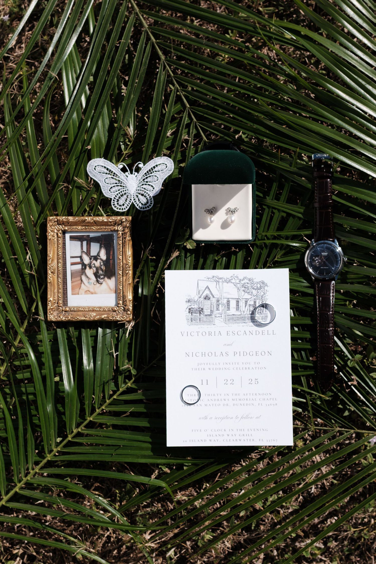 Wedding invitation and decorative details arranged on palm fronds with vintage frames and butterfly accents.