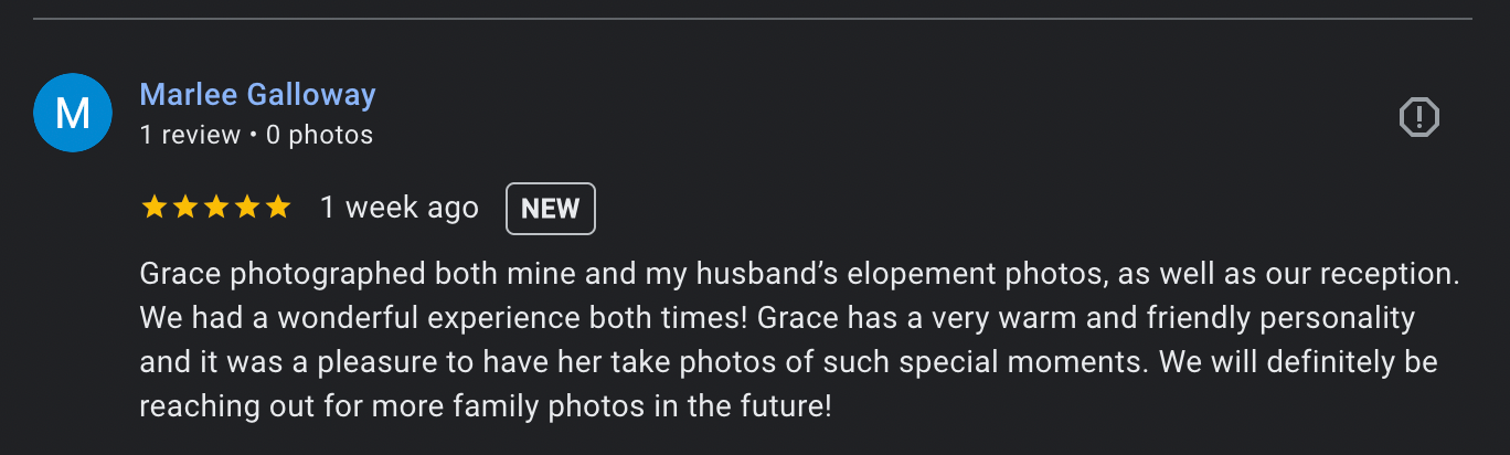 A screenshot of a 5-star review praising a photography service with text on a dark background.