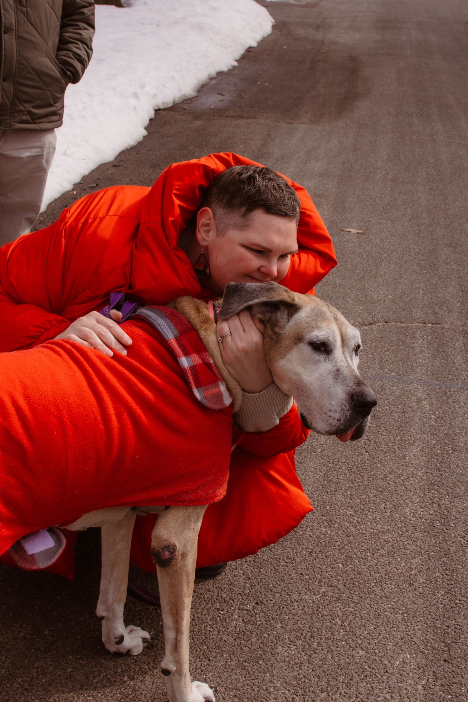 Person in bright orange jacket hugging a large tan dog on a snowy road in winter.