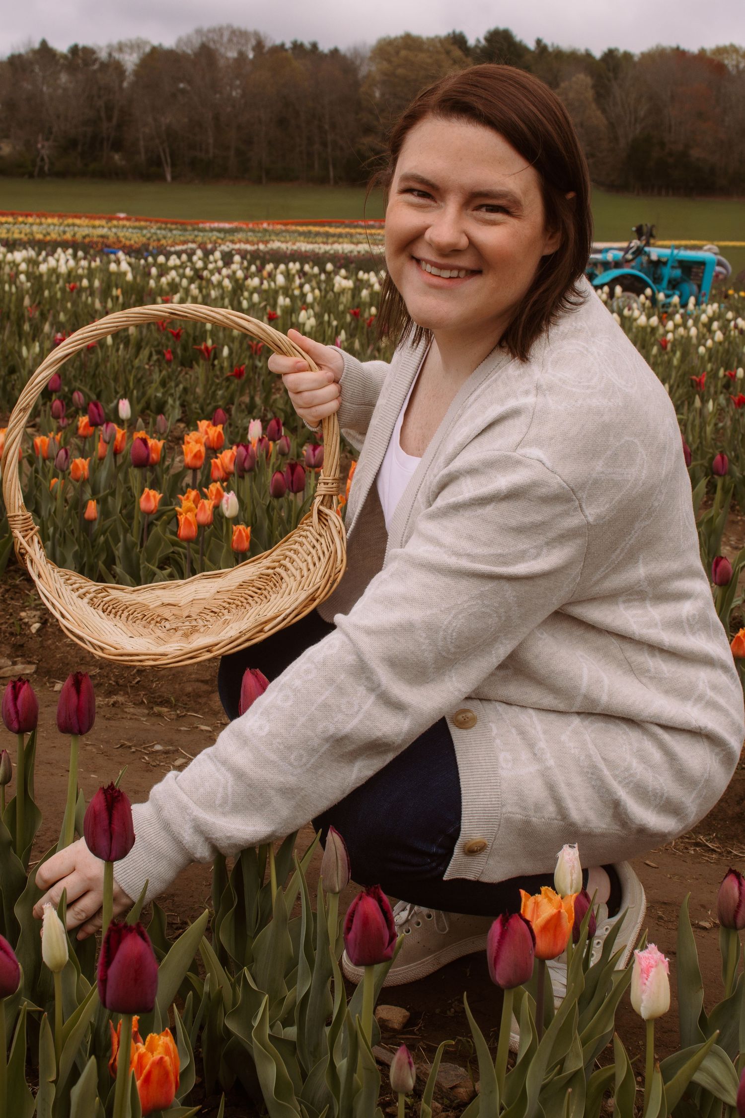 Smiling woman crouching in colorful tulip field holding wicker basket, with tractor and trees in background.