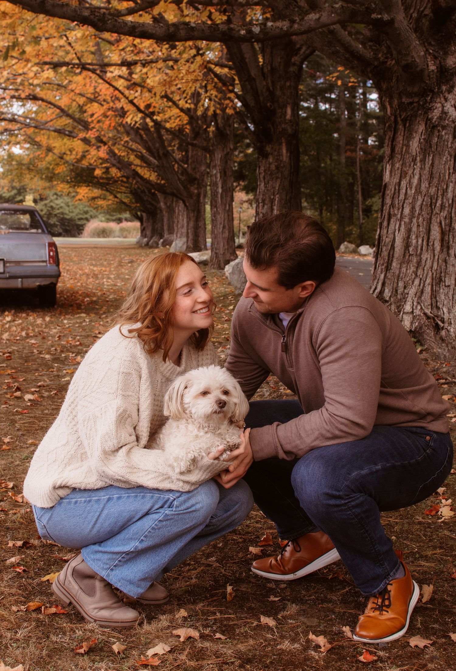 A couple sits with their small white dog on fallen autumn leaves under tall trees in a park setting.