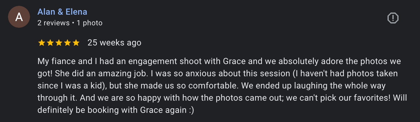 A positive 5-star review comment praising photos and mentioning laughter during the photography session and ordering process.