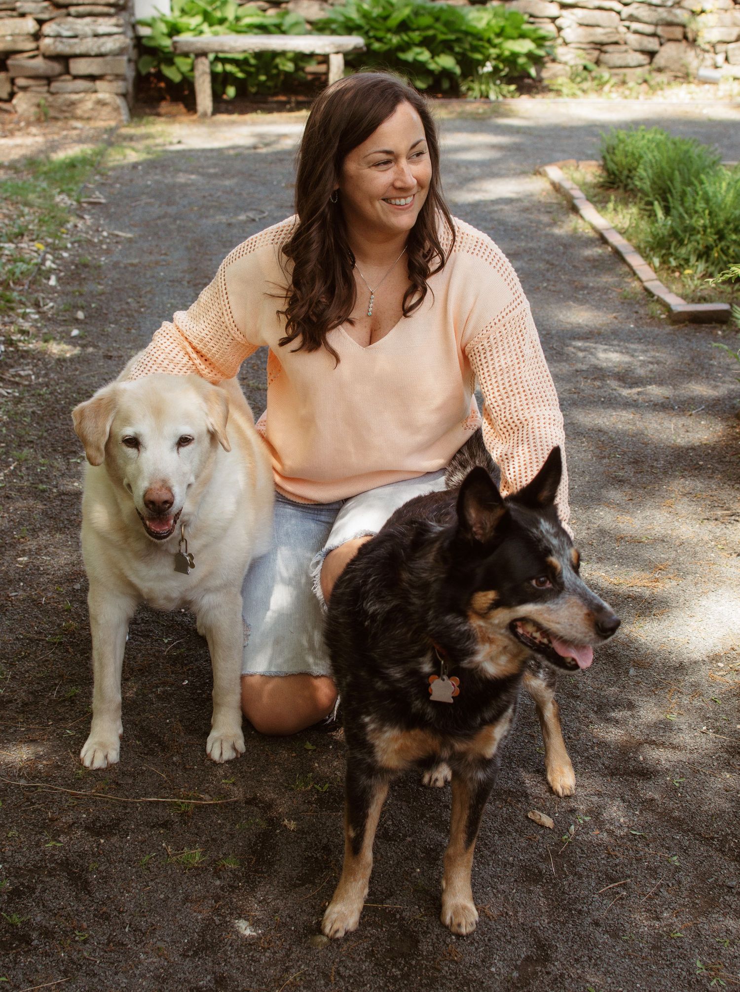 Person in peach sweater sits outdoors with two happy dogs - a white Lab and a dark German Shepherd mix.