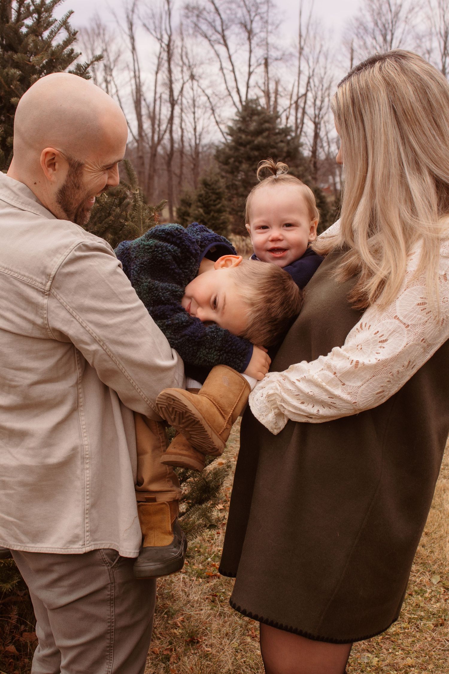 A candid sequence of playful family moments captured outdoors in a natural autumn setting.
