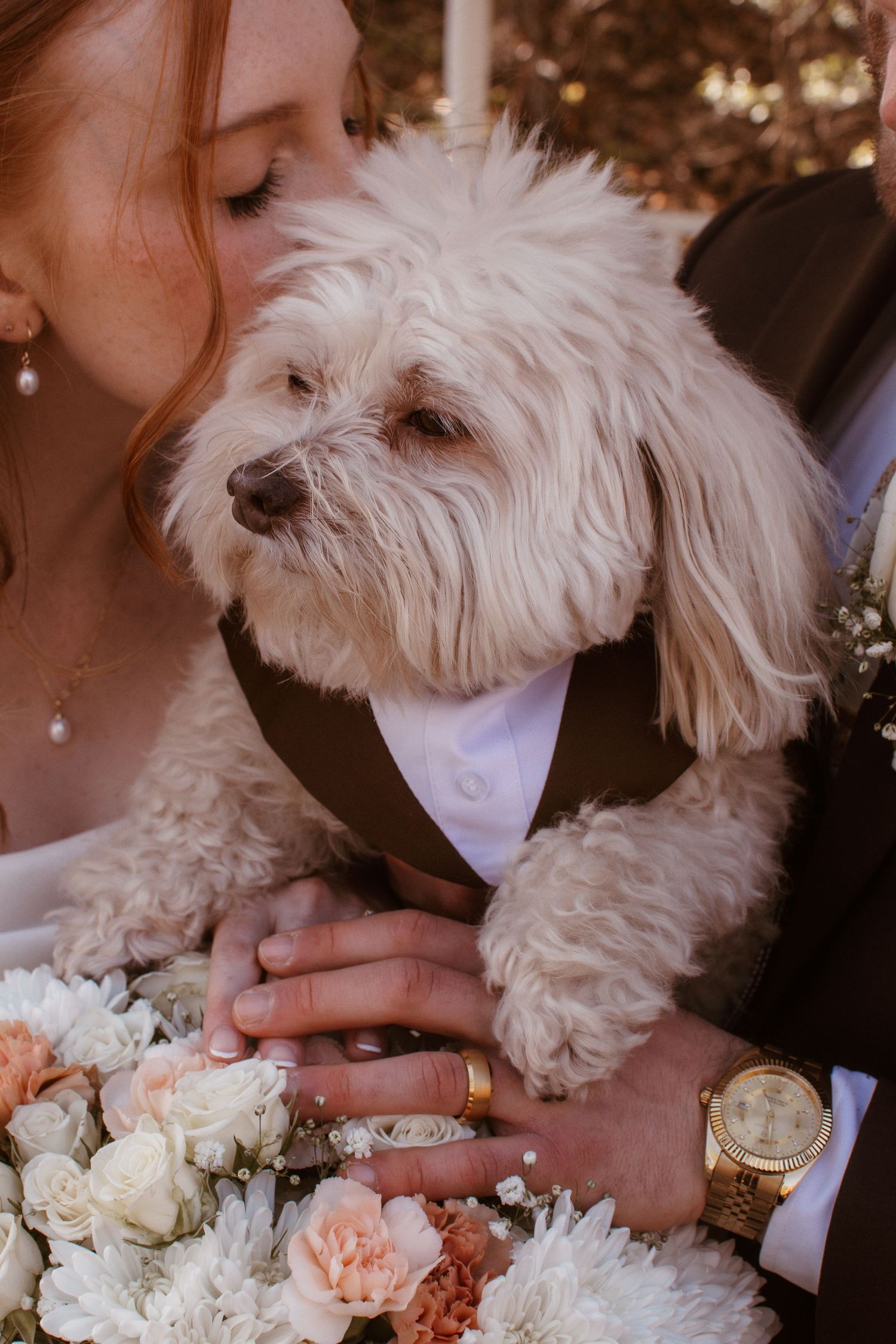 Bride and groom holding a fluffy white dog wearing a tuxedo over a wedding bouquet.