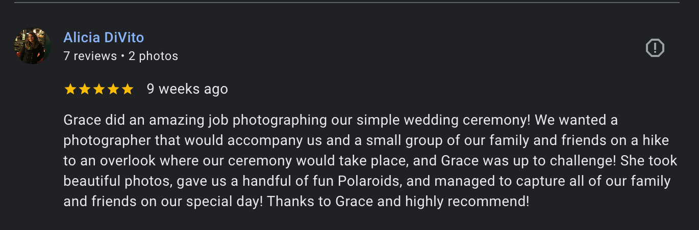 A customer review showing a 5-star rating with text praising wedding photography services.