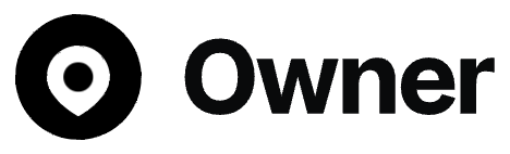 A bold black circular location pin icon with the word 'Owner' displayed in black text against a white background.