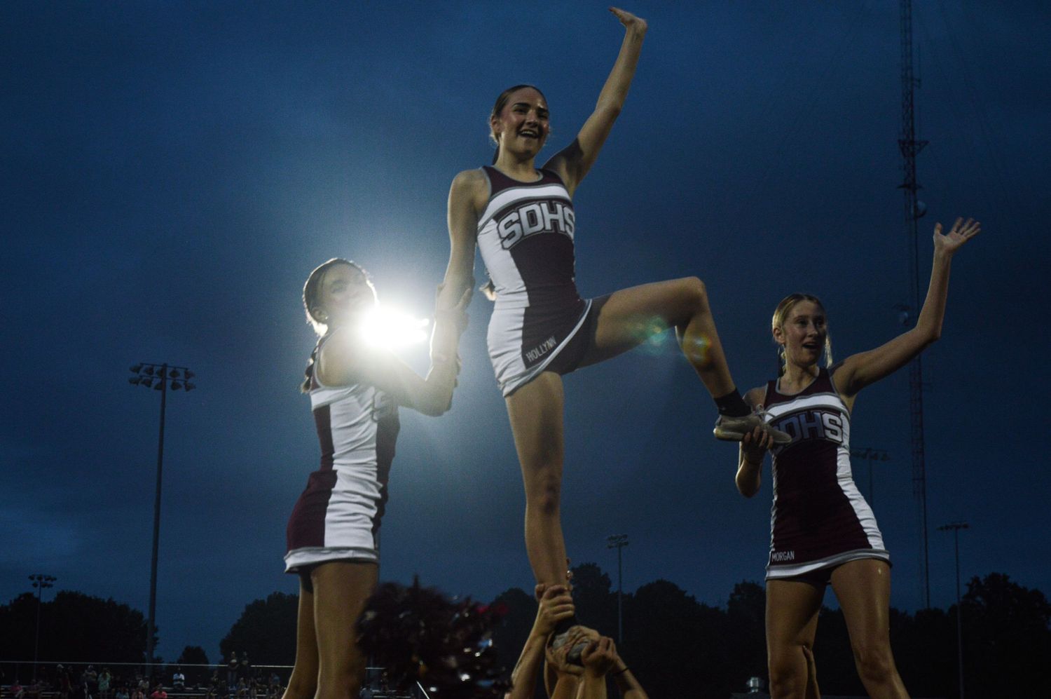Stuarts Draft High School Cheerleaders flying away at King William High School.
@addykaysports 2024.