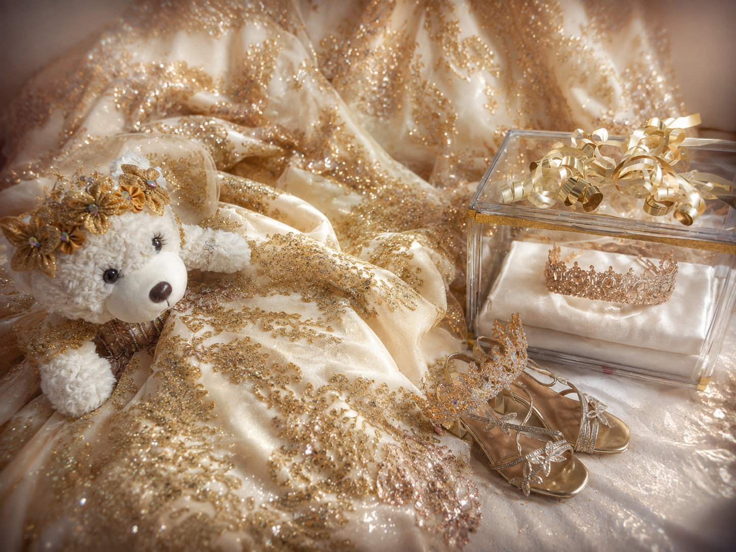 A white teddy bear with gold crown rests on a luxurious gold sequined gown with heels and accessories nearby.