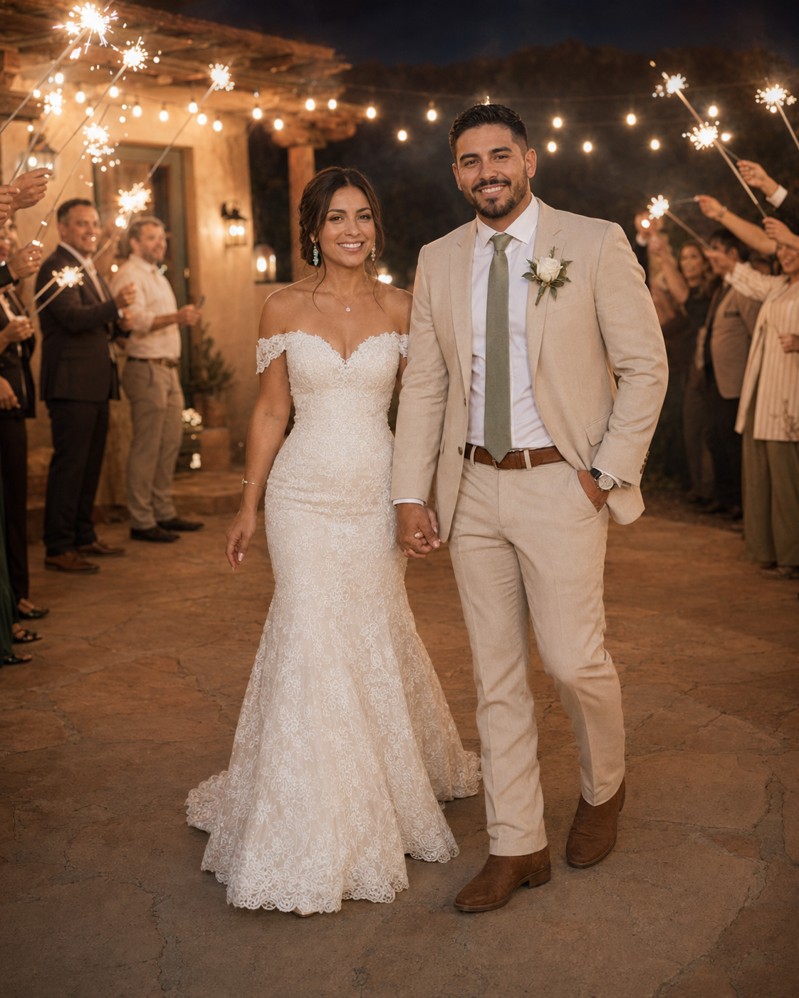 Bride and groom walk through sparkler send-off at night during Southwest desert wedding celebration.
