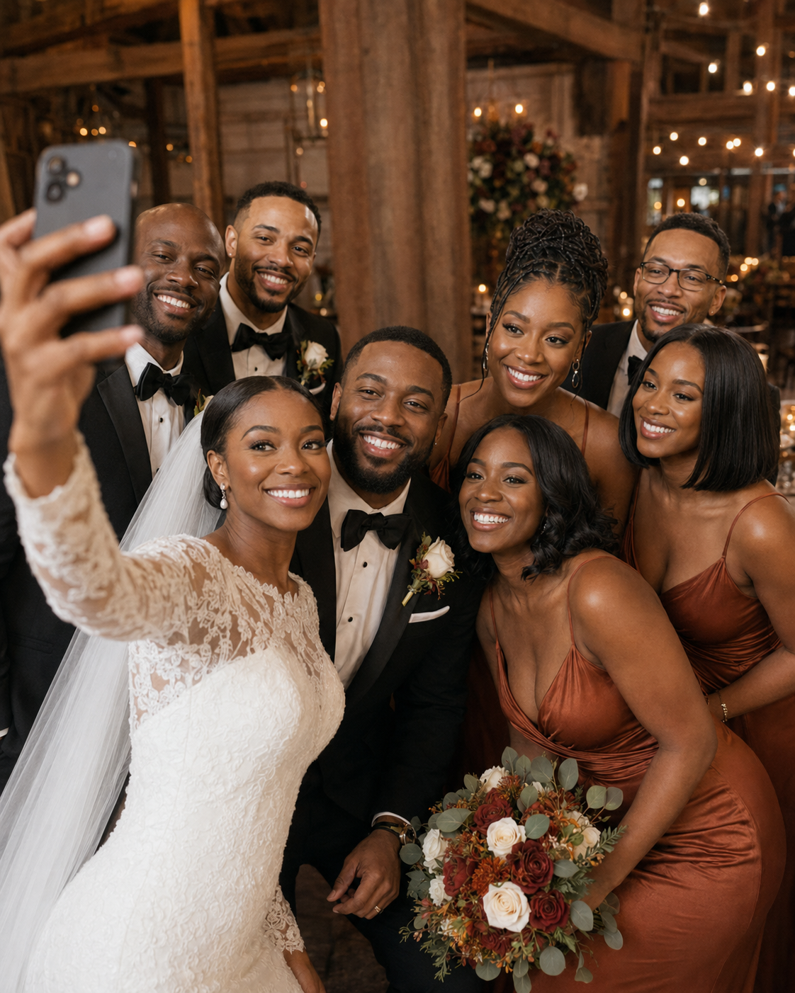 A bride takes a joyful selfie with her groom and wedding party in a warmly lit barn venue.