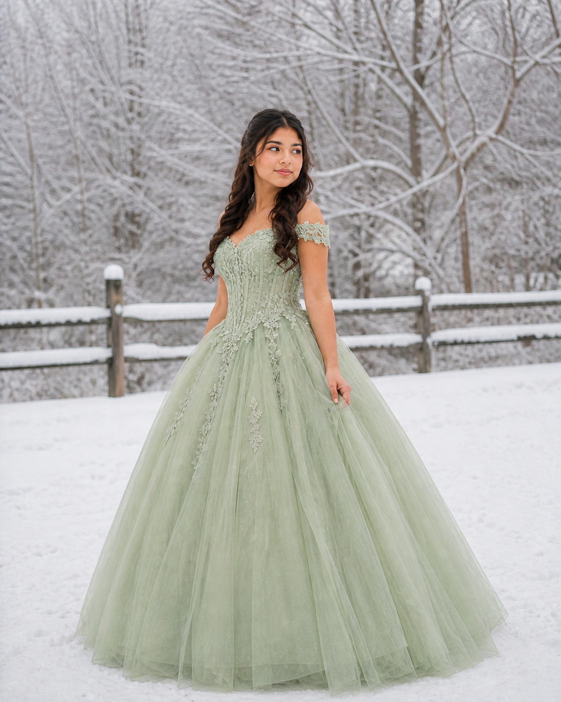 Teen girl wearing elegant sage green tulle quinceañera ball gown stands in snow-covered landscape.