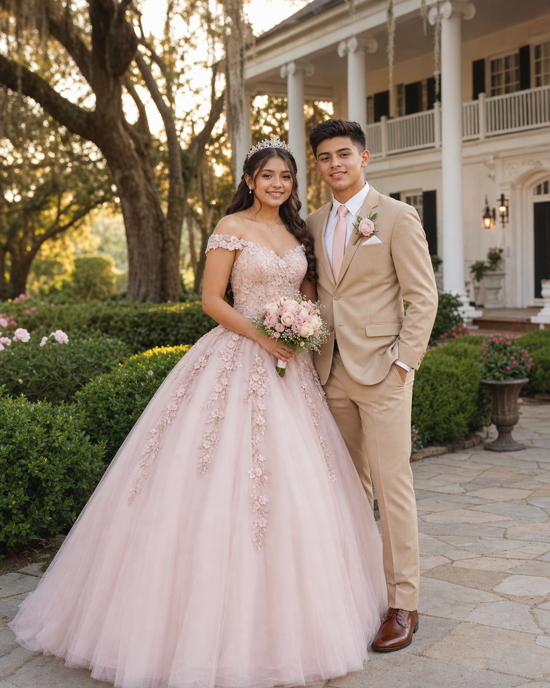 Young couple posing outdoors in pink quinceañera ballgown and tan suit before elegant Southern mansion.