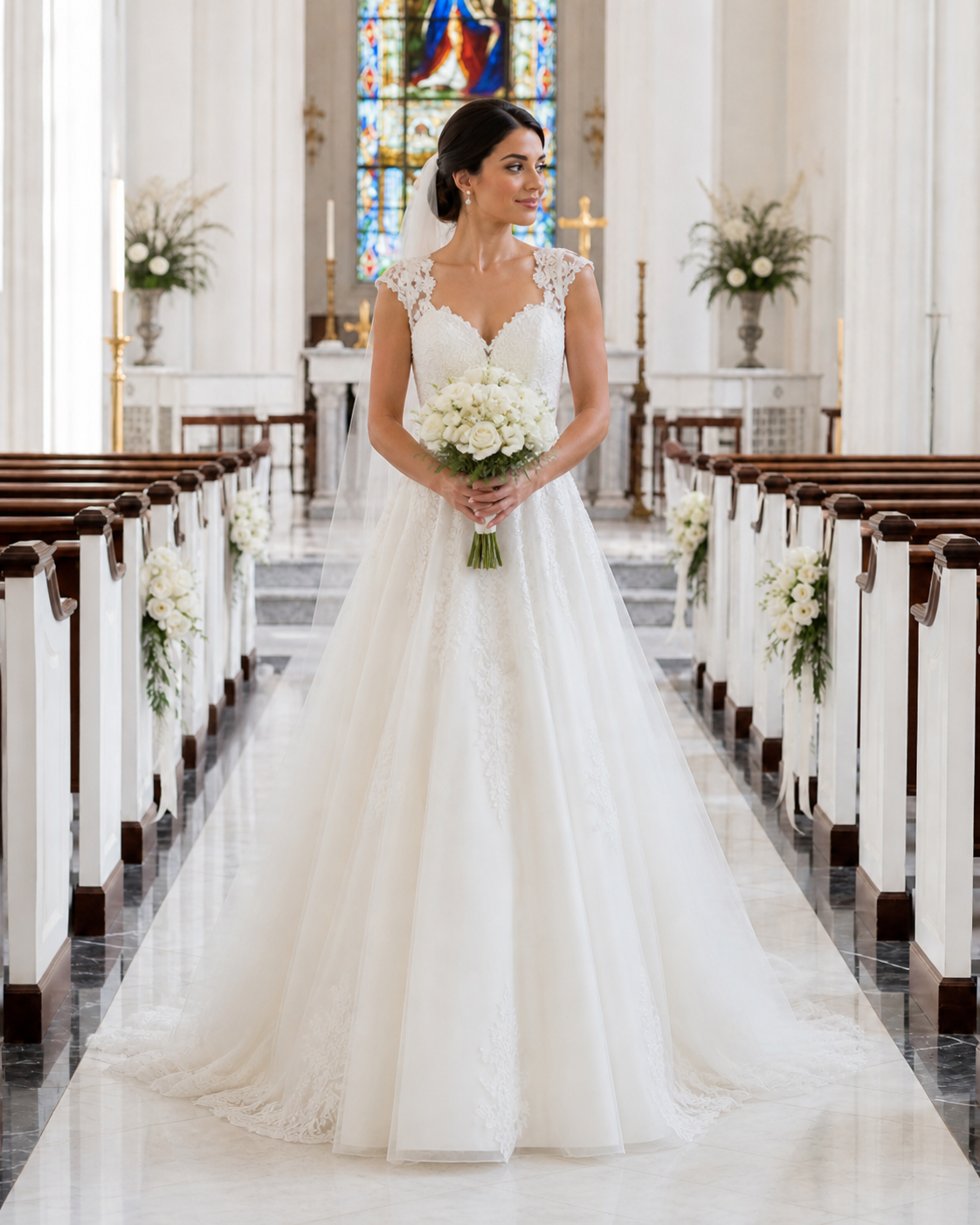 Bride in elegant lace ball gown wedding dress holding white bouquet standing in church aisle with pews and stained glass.