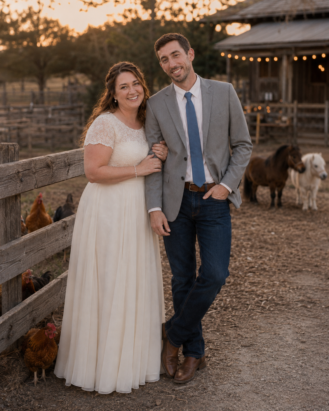 Bride and groom smiling on rustic farm at sunset with horses and chickens, bride in white gown, groom in gray blazer.