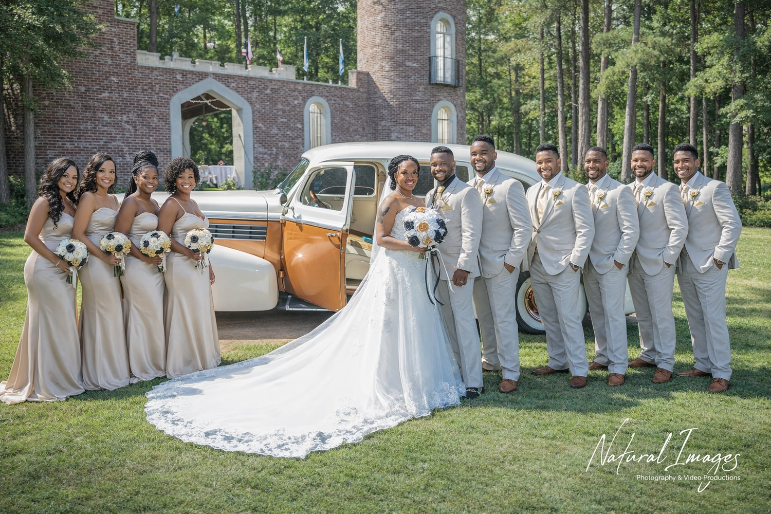 Wedding party poses outdoors by vintage orange car, bride in white gown with groomsmen and bridesmaids in champagne dresses.