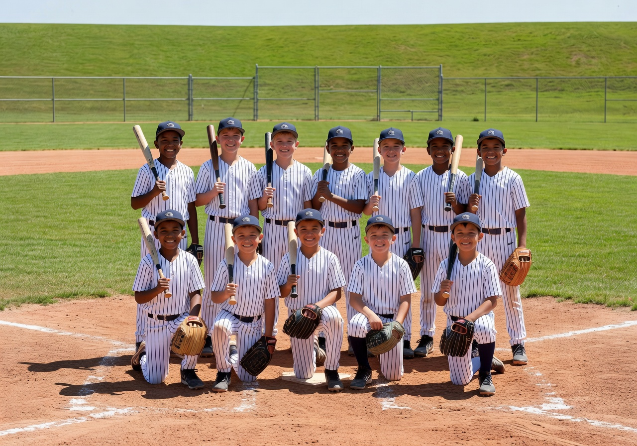 Youth baseball team posing for group photo in pinstripe uniforms on a sunny baseball field.