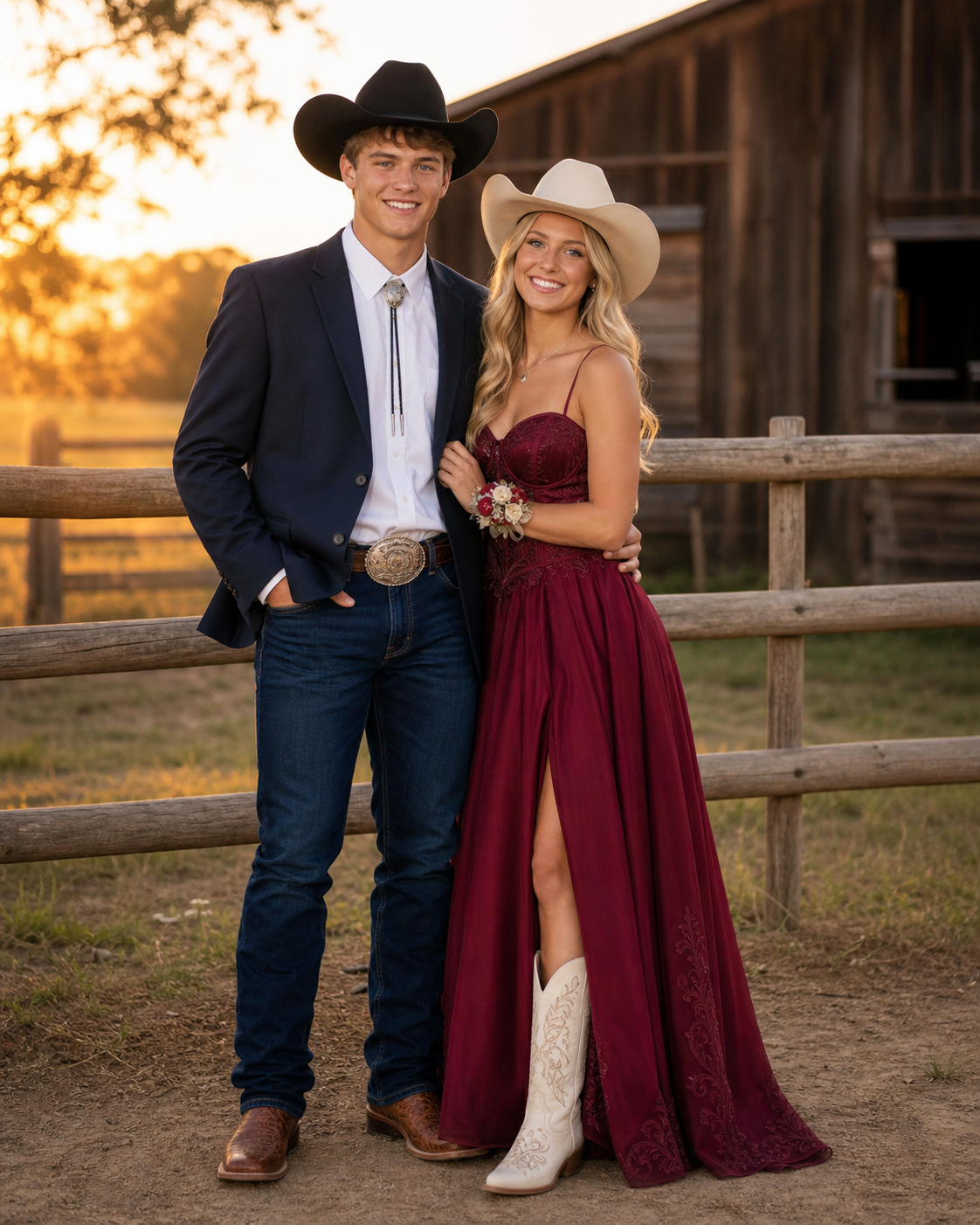 Couple in western attire posing at a ranch fence, wearing cowboy hats, bolo tie, and a red formal gown at golden hour.