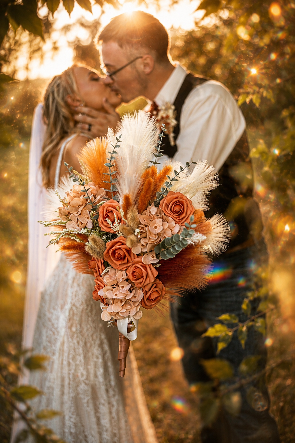 Bride and groom kissing outdoors holding a boho autumn bouquet with orange roses, pampas grass, and eucalyptus in golden light.