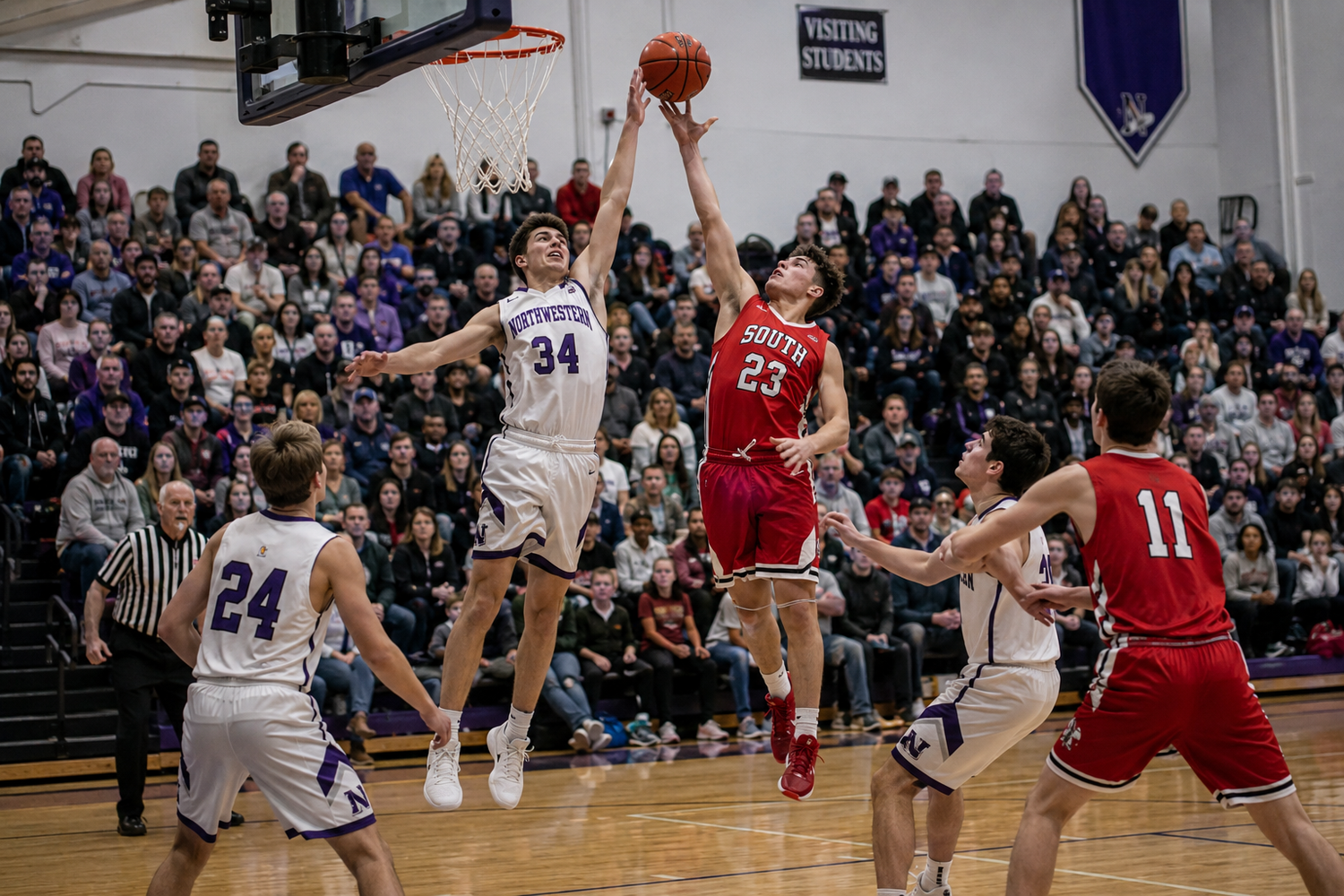High school basketball players battle for a rebound during an intense game in a packed purple and white gymnasium.