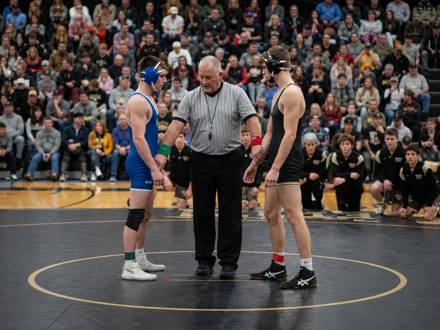 A referee stands between two wrestlers on a mat before a high school wrestling match with a packed gymnasium crowd.